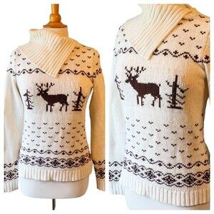 Eddie Bauer Wool Blend White Brown Reindeer Sweater - Small